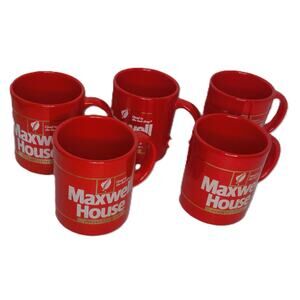 Vintage Maxwell House Instant Coffee Mugs Cups Red Gold Trim 12 OZ Set of 5